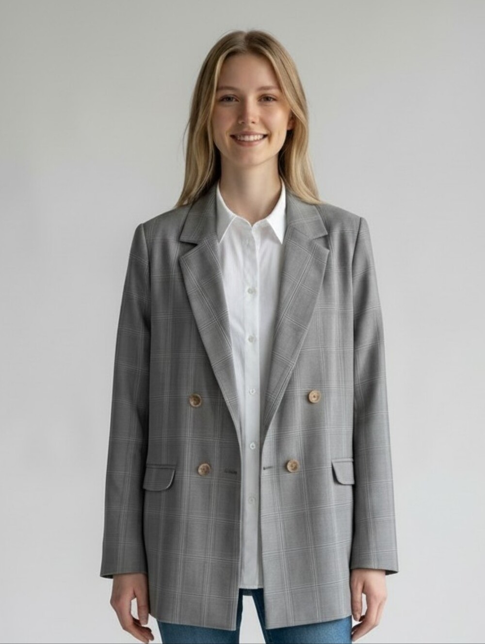 VTG Forever 21 Gray Plaid Double-Breasted Blazer Boyfriend Classic Jacket LRG